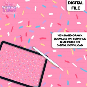 May include: A digital file featuring a pink seamless pattern with colorful confetti-like shapes. The pattern is displayed on a tablet with a stylus. Text on the image reads "100% Hand-drawn Seamless Pattern File 12x12 in 300 DPI Digital Download."