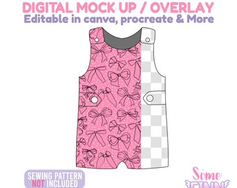 May include: A pink baby romper mockup with a bow pattern and the text "DIGITAL MOCK UP / OVERLAY Editable in canva, procreate & More". The design includes a gray neckline and white buttons. The words "SEWING PATTERN NOT INCLUDED" are also visible.