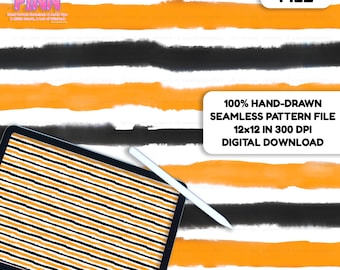 May include: Digital file featuring a hand-drawn seamless pattern with black, orange, and white horizontal stripes. The image includes a tablet displaying a similar striped pattern and the text "DIGITAL FILE" and "100% HAND-DRAWN SEAMLESS PATTERN FILE 12x12 IN 300 DPI DIGITAL DOWNLOAD."