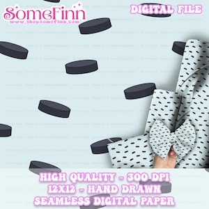 May include: A digital paper design featuring a seamless pattern of black hockey pucks on a light blue background. The design also includes a white tote bag with a black and white polka dot pattern.