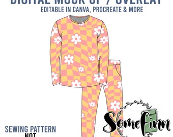 May include: Digital mock-up of a pink and yellow long-sleeved shirt and pants set with a white daisy pattern. The text "DIGITAL MOCK UP / OVERLAY" is at the top of the image. The text "EDITABLE IN CANVA, PROCREATE & MORE" is below the text "DIGITAL MOCK UP / OVERLAY". The text "SEWING PATTERN NOT INCLUDED" is at the bottom left of the image. The text "Somefinn Seamless Graphics, Mock Ups & Poly Mailers" is at the bottom right of the image.