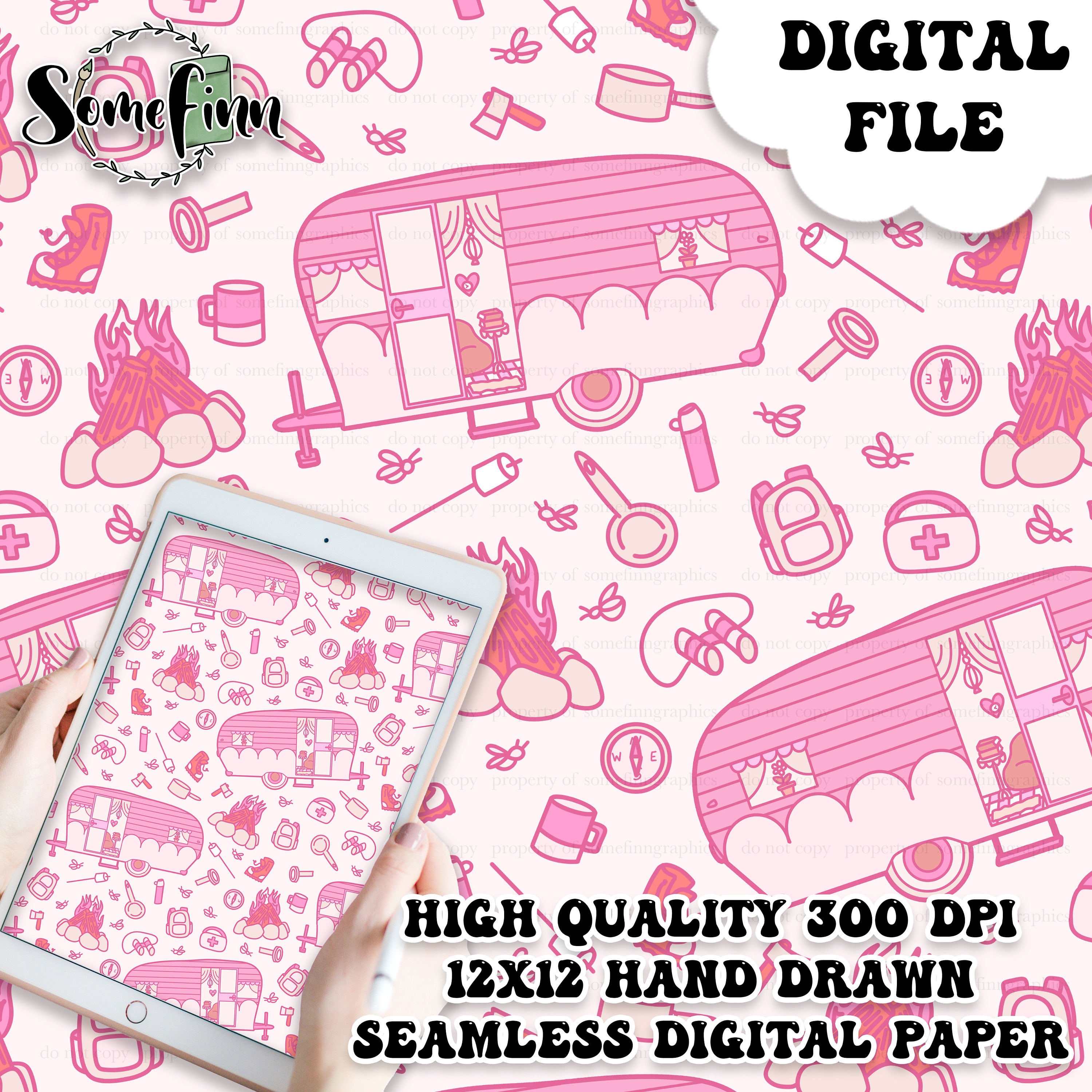 Printable Camper Pattern Camper Digital Paper - Seamless Summer Fun Pattern, Camping Fabric ...