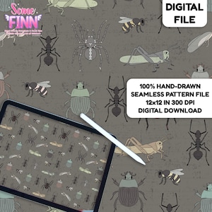 May include: A digital file featuring a hand-drawn seamless pattern of various insects, including ants, spiders, bees, and beetles, on a gray background. The pattern is 12x12 inches at 300 DPI. The image also includes a tablet and stylus.