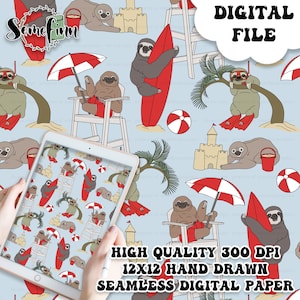 Papel digital sin costuras de perezosos de verano: patrón de perezoso adorable, tela para traje de baño de playa, papel imprimible para álbum de recortes, azul océano de playa