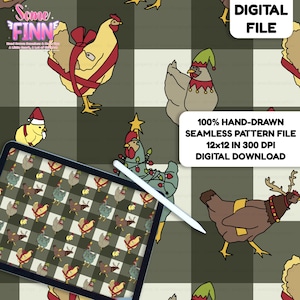 Puede incluir: Archivo digital con un patrón sin costuras dibujado a mano. El diseño presenta gallinas adornadas con lazos, luces navideñas y cuernos de reno. El archivo mide 30,48 x 30,48 cm a 300 DPI.