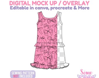 May include: A pink digital mock-up of a sleeveless dress with a bow pattern and ruffles. The text "DIGITAL MOCK UP / OVERLAY" and "Editable in canva, procreate & More" are displayed at the top. The text "SEWING PATTERN NOT INCLUDED" is at the bottom.