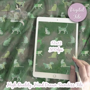 Carta digitale con razze di gatti mimetici, motivo di gatti senza soluzione di continuità per tessuto e carta per scrapbooking, silhouette di gattini, tenero animale domestico, download digitale