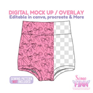 Può includere: Pantaloncini rosa a vita alta con motivo a fiocco e la scritta "DIGITAL MOCK UP / OVERLAY". I pantaloncini hanno un motivo a scacchi bianchi e grigi sul lato destro. È visibile anche la scritta "SEWING PATTERN NOT INCLUDED".