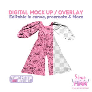 May include: A pink jumpsuit mockup featuring a bow design and white polka dots. The image includes the text "DIGITAL MOCK UP / OVERLAY" and "Editable in canva, procreate & More". The words "SEWING PATTERN NOT INCLUDED" are also visible.