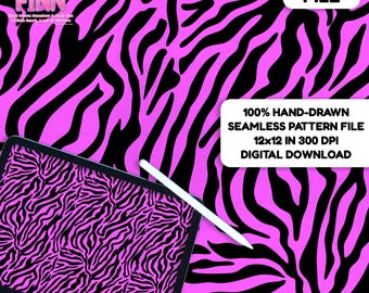 May include: A digital file featuring a seamless zebra pattern in black and hot pink. The image includes a tablet displaying the same pattern and a stylus. Text on the image reads "DIGITAL FILE" and "100% HAND-DRAWN SEAMLESS PATTERN FILE 12x12 IN 300 DPI DIGITAL DOWNLOAD."