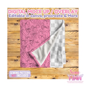May include: A pink blanket with a pattern of black bows and white polka dots. The blanket is folded over, revealing a white, checkered pattern on the reverse side. Text on the image reads "DIGITAL MOCK UP / OVERLAY" and "SEWING PATTERN NOT INCLUDED."
