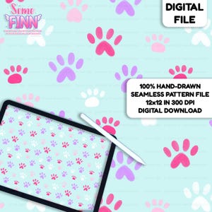 May include: A digital file featuring a seamless pattern of pink, purple, and white paw prints on a light blue background. The image includes a tablet with a stylus and text that reads "DIGITAL FILE" and "100% HAND-DRAWN SEAMLESS PATTERN FILE 12x12 IN 300 DPI DIGITAL DOWNLOAD."