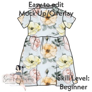 Peut inclure: Une maquette numérique d'une robe bleu clair à motif floral. La robe a des manches courtes et une jupe plissée. Les fleurs sont jaunes, roses et vertes. Le texte "Easy to edit Mock Up/Overlay" est en haut de l'image. Le texte "Some Fun Graphics" est en bas de l'image. Le texte "Skill Level: Beginner" est en bas à droite de l'image.