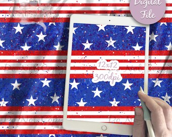 May include: A digital seamless pattern featuring a red, white, and blue American flag design with a glittery texture. The pattern is displayed on a tablet screen with the text "12x12 300dpi" and "Digital File" in a purple circle.