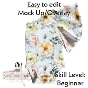May include: A light blue garment with a floral pattern of yellow and pink roses. The text "Easy to edit Mock Up/Overlay" is at the top. The text "Skill Level: Beginner" is at the bottom. The image also includes the logo "Some Finn Graphics".