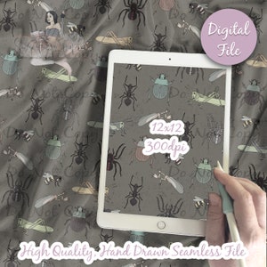 May include: A digital file of a seamless pattern featuring a variety of insects, including beetles, spiders, ants, and grasshoppers. The pattern is set on a gray background and is 12x12 inches at 300 dpi. The text "Do Not Copy" is repeated throughout the pattern.
