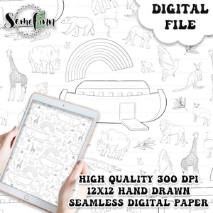 May include: A digital file featuring a hand-drawn seamless digital paper design. The design includes illustrations of animals, a rainbow, and an ark. The image also includes the text "DIGITAL FILE", "HIGH QUALITY 300 DPI", "12X12 HAND DRAWN", and "SEAMLESS DIGITAL PAPER".