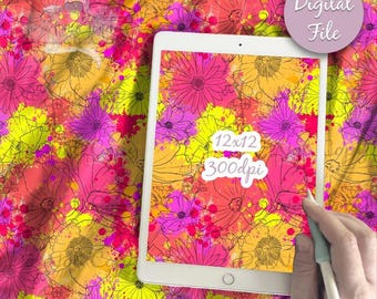 May include: A digital file featuring a seamless floral pattern with vibrant pink, yellow, and orange watercolor splashes and black line art flowers. The tablet screen displays the 12x12 inch, 300dpi design, while a stylus is held near the screen.