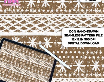 May include: A digital file with a brown and white seamless pattern. The design features white snowflakes, dots, and geometric shapes. The text on the image reads "DIGITAL FILE" and "100% HAND-DRAWN SEAMLESS PATTERN FILE 12x12 IN 300 DPI DIGITAL DOWNLOAD."