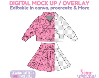 May include: A digital mock up of a quarter-zip sweatshirt and a pleated skirt. The left side features a pink background with a white bow pattern, while the right side is a transparent checkerboard. Text reads: DIGITAL MOCK UP / OVERLAY, SEWING PATTERN NOT INCLUDED.
