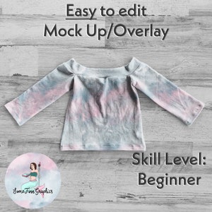 May include: A long-sleeved, off-the-shoulder top with a tie-dye effect in shades of blue and pink. The text "Easy to edit Mock Up/Overlay" and "Skill Level: Beginner" are displayed. A logo with a mermaid is in the lower left corner.