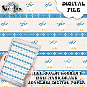 May include: A seamless digital paper pattern featuring white geese with blue bows, yellow feet, and blue and white striped bands on a cream background. The pattern is 12 inches by 12 inches and 300 DPI.