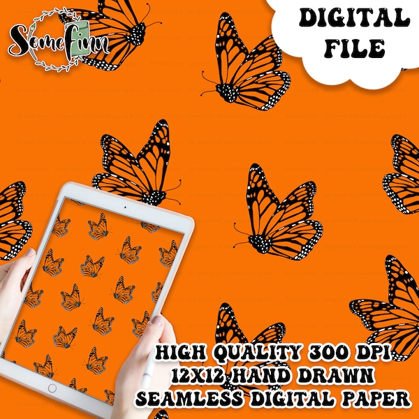 Monarch Butterfly Seamless Pattern, Girly Orange Bug, Pretty digital printable scrapbook paper instant download / Monarch Flying Orange Bug