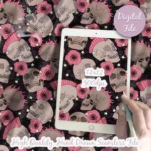 May include: A seamless digital pattern featuring pink roses, white stars, and skulls with mohawks on a black background. The pattern is displayed on a tablet screen with the text "12x12 300dpi" and "High Quality, Hand Drawn Seamless File".