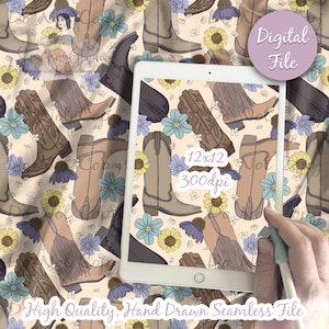 May include: A digital seamless pattern featuring hand-drawn illustrations of cowboy boots, sunflowers, and blue flowers on a light beige background. The pattern is 12x12 inches and 300dpi.
