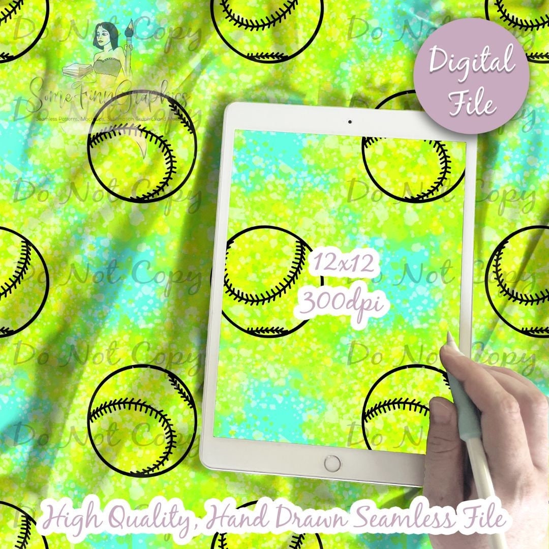 Softball Neons Digital Paper, Seamless Pattern, Softball Heart Fabric