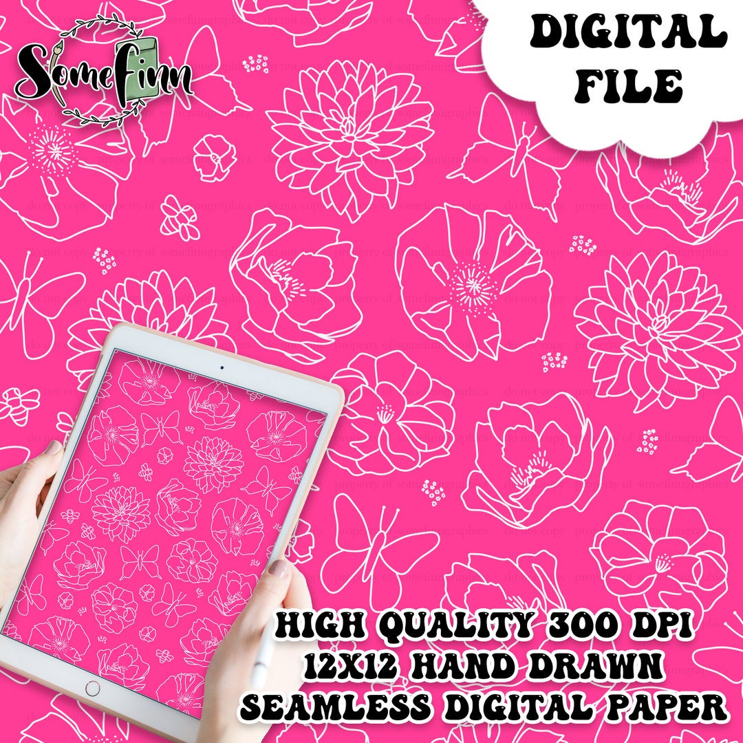 Pink Paper Flower Pattern Hot Pink Floral Seamless, Wild Flowers Digital Paper, Seamless Floral ...