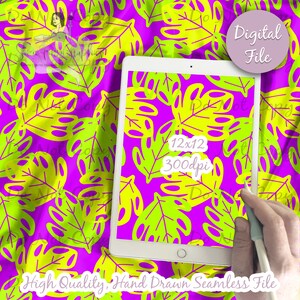Swim Safe Colors, Neon Monstera Leaf Digital Paper - Seamless Summer Pattern, Tropical Fabric, Printable Scrapbook paper instant download