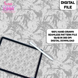 Può includere: Un file digitale con un motivo astratto grigio. L'immagine include un tablet con uno stilo e il testo che dice "DIGITAL FILE" e "100% HAND-DRAWN SEAMLESS PATTERN FILE 12x12 IN 300 DPI DIGITAL DOWNLOAD."
