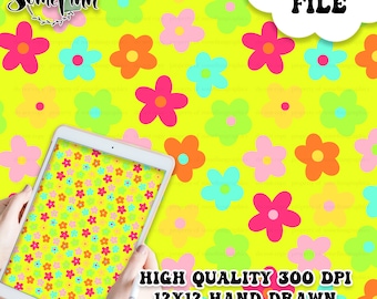 May include: A digital paper pattern with a seamless repeat of bright, colorful flowers on a yellow background. The pattern is 12x12 inches and 300 DPI. The text "DIGITAL FILE" and "HIGH QUALITY 300 DPI 12X12 HAND DRAWN SEAMLESS DIGITAL PAPER" is included in the image.