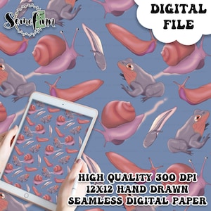 Può includere: Carta digitale senza cuciture con un motivo ripetitivo di rane che cavalcano le lumache su uno sfondo blu. Il motivo è di 12x12 pollici e 300 DPI. Il design è disegnato a mano.