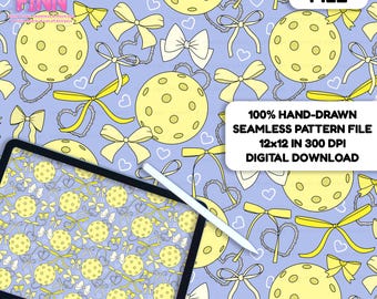 Pickleball Bow Seamless Pattern, Yellow Coquette Sport Digital Fabric Design PNG
