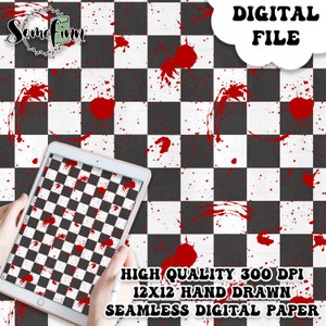 Blood Splatter on Checkered Seamless Pattern / Horror Spatter digital seamless / Halloween printable scrapbooking paper / fabric design