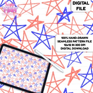 Scribble Star Seamless Pattern, Red Blue Hand Drawn Star Digital Fabric Design PNG