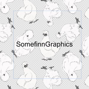 May include: A seamless pattern featuring black and white illustrations of fluffy chickens. The text "SomefinnGraphics" is centred in the pattern.