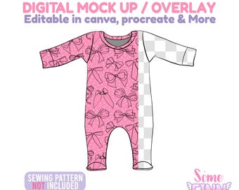 Long Sleeve Footed Romper Mockup, Baby Romper Mock Up, Digital Overlay, Editable in Canva, Procreate & More, PNG File
