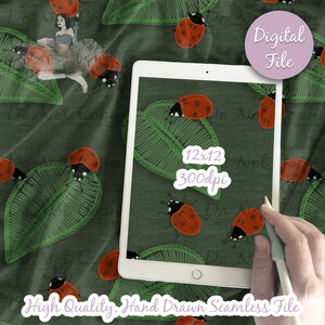 May include: A seamless digital pattern featuring a green background with stylized leaves and red ladybugs. The pattern is 12 inches by 12 inches and 300 dpi. The text "Do Not Copy" is written on the pattern.