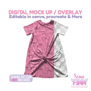 May include: A pink t-shirt dress with a bow pattern and white ribbed fabric on the right side. The text "DIGITAL MOCK UP / OVERLAY" and "Editable in canva, procreate & More" are displayed at the top. The text "SEWING PATTERN NOT INCLUDED" is at the bottom.