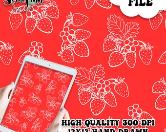 May include: A digital paper with a white outline of strawberries and flowers on a red background. The text "DIGITAL FILE" is in a white speech bubble at the top of the image. The text "HIGH QUALITY 300 DPI 12X12 HAND DRAWN SEAMLESS DIGITAL PAPER" is at the bottom of the image.