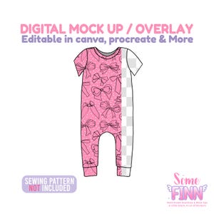 May include: A pink baby onesie mockup with a bow pattern and the text "DIGITAL MOCK UP / OVERLAY Editable in canva, procreate & More". The onesie has short sleeves and is shown with a transparent overlay. The text "SEWING PATTERN NOT INCLUDED" is also visible.
