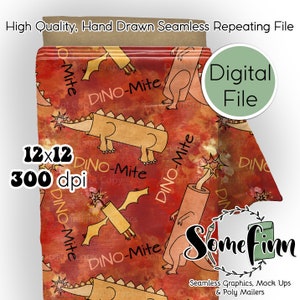 Dino-Mite Digital Paper - Punny Dinos Seamless cute Dynamite Pattern, Dinosaurs fire Fabric, Printable Scrapbook download, Pun Funny red