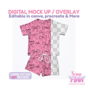 May include: A digital mock-up of a short-sleeve shirt and shorts set. The left side features a pink background with a white polka dot and black bow pattern. The right side displays a gray and white checkerboard pattern. Text reads DIGITAL MOCK UP / OVERLAY.