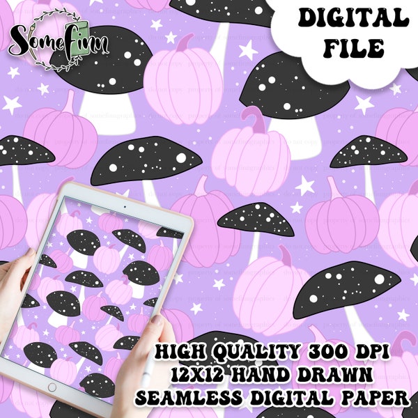 Pumpkins and Mushrooms Seamless Digital Paper, Fabric Pattern Download, Printable Autumn Seamless, Scrapbook Background, shroomies Fall Cute