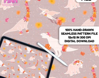 May include: A digital file featuring a hand-drawn seamless pattern with dinosaurs and birds adorned with flowers, set against a muted pink background. The pattern includes the text "100% HAND-DRAWN SEAMLESS PATTERN FILE 12x12 IN 300 DPI DIGITAL DOWNLOAD".