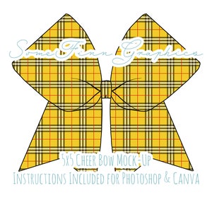 May include: A yellow and black plaid cheer bow mockup, 5x5 inches, with instructions for Photoshop and Canva included.