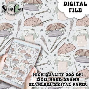 Peut inclure: Un motif de papier numérique sans couture représentant une illustration dessinée à la main de pain, de bocaux et d'autres accessoires de boulangerie. Le motif est dans des tons de brun, beige et gris sur un fond bleu clair. Le texte "DIGITAL FILE" est dans le coin supérieur droit de l'image. Le texte "HIGH QUALITY 300 DPI 12X12 HAND DRAWN SEAMLESS DIGITAL PAPER" est en bas de l'image.